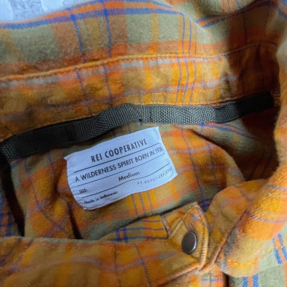 REI Cooperative Plaid Button-Down Shirt Mens Medium Striped Orange & Blue Cotton - Picture 3 of 9